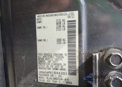 2012 Nissan Maxima 3.5 Sv z USA, uszkodzony, nr VIN 1N4AA5AP9CC844301